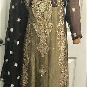 Light & dark brown georgette with silver heavy wor